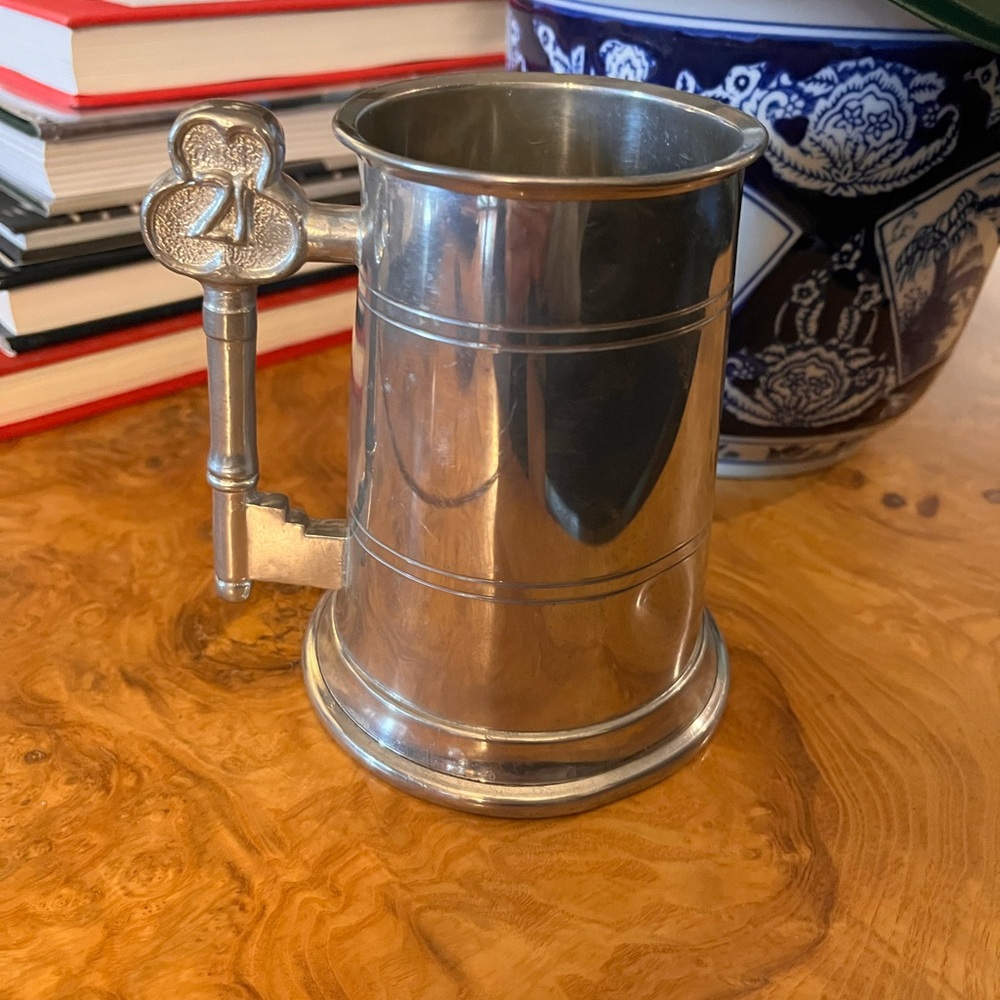 Pewter Tankard Mug with Decorative Key Handle - pewter